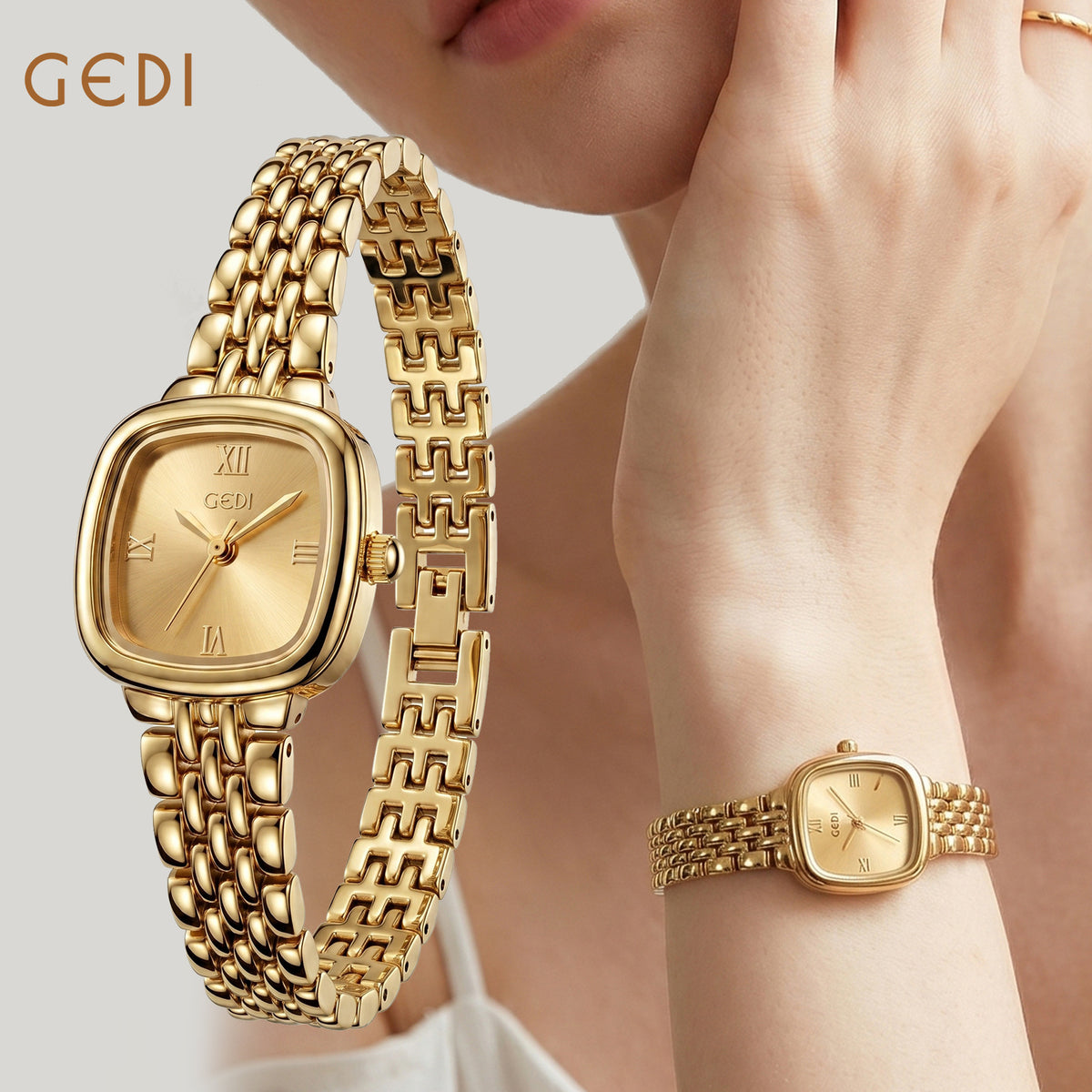 Montre coussin dorée, bracelet chaîne