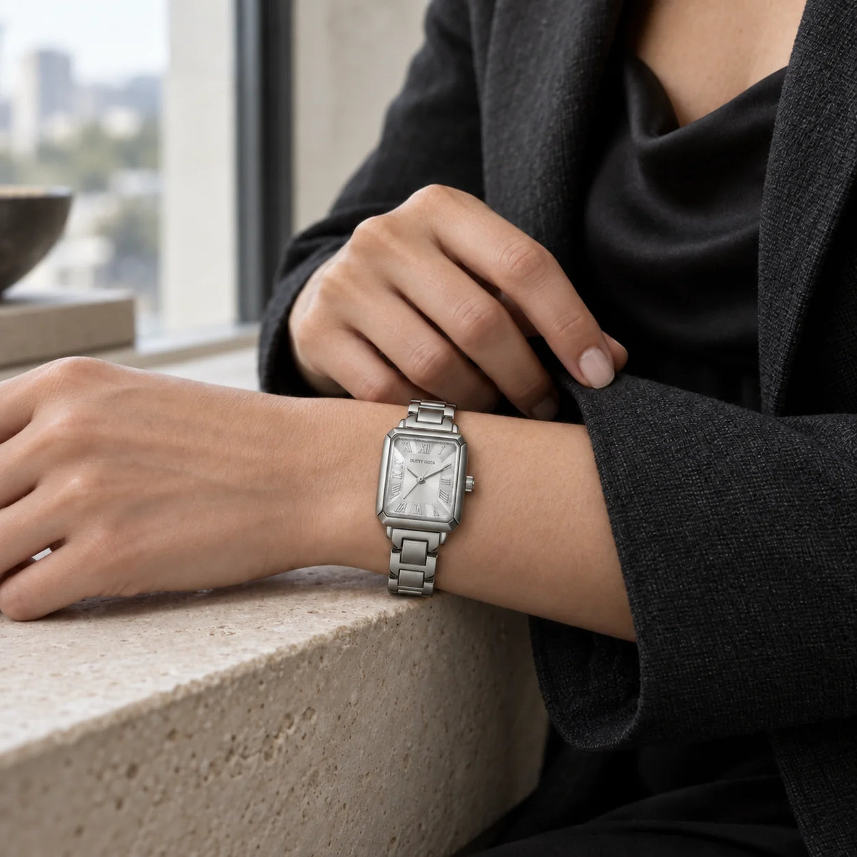 Rectangular silver watch, Roman numerals