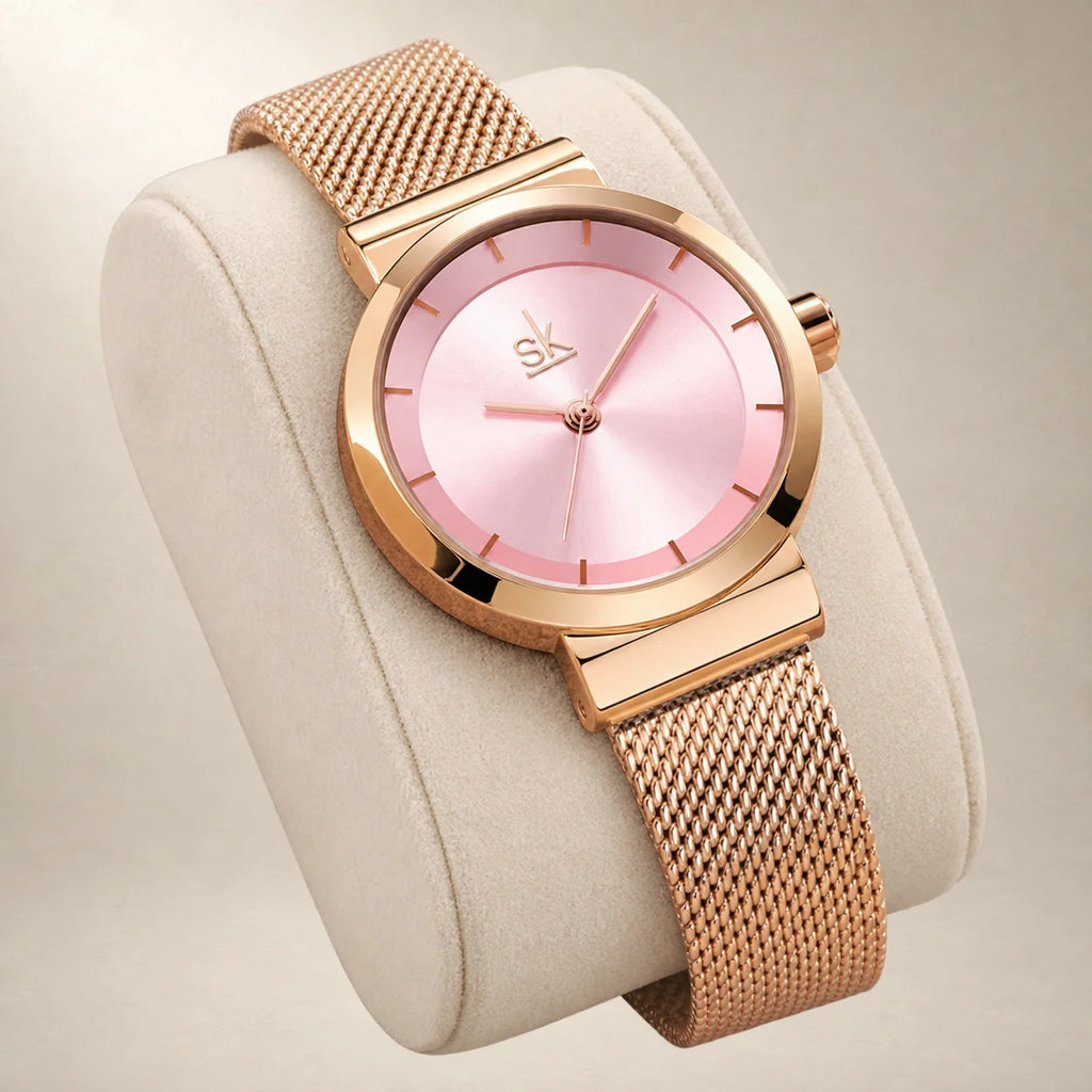 Montre milanaise or rose, cadran soleil rose